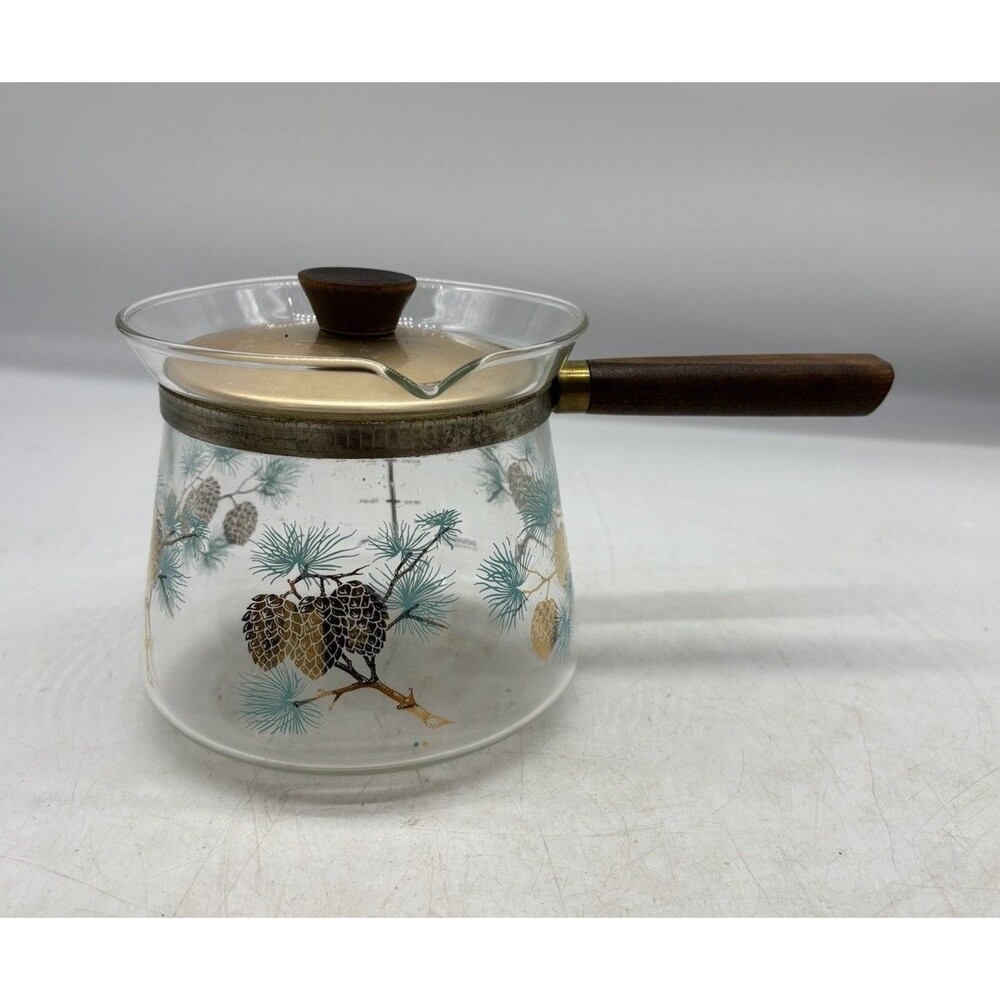Vtg Mid-Century Douglas Libbey Flameproof Coffee Pot Blue Gold Gilt Pine Cones